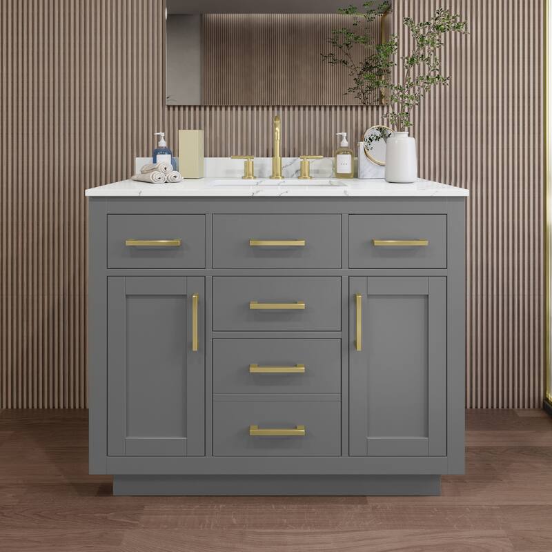 Wyndham Collection WCG262642S-QTZ-US3MXX Beckett TK 42" Free Standing - Dark Gray / Giotto Quartz Top / Brushed Gold