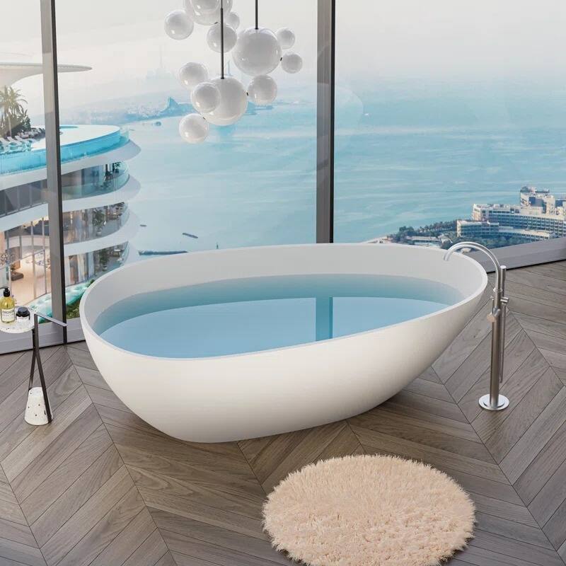 ABRUZZO Freestanding Soaking Solid Surface Bathtub with Overflow and Pop-up Drain - 59" - Matte White