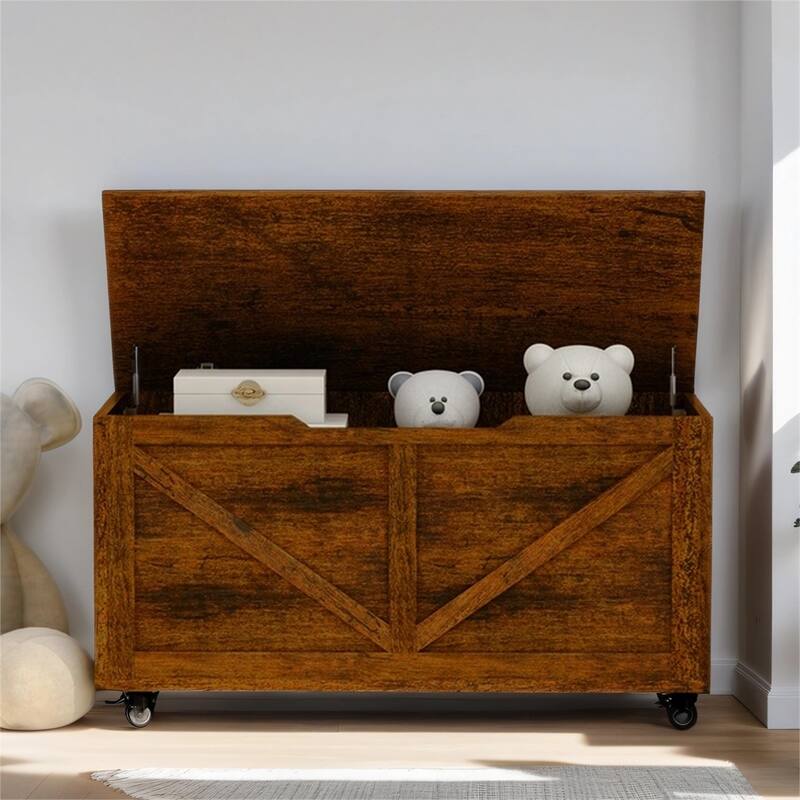 Storage Trunk on Wheels w/ Brakes, Sturdy Storage Bench Supports 300lb - Rustic Brown