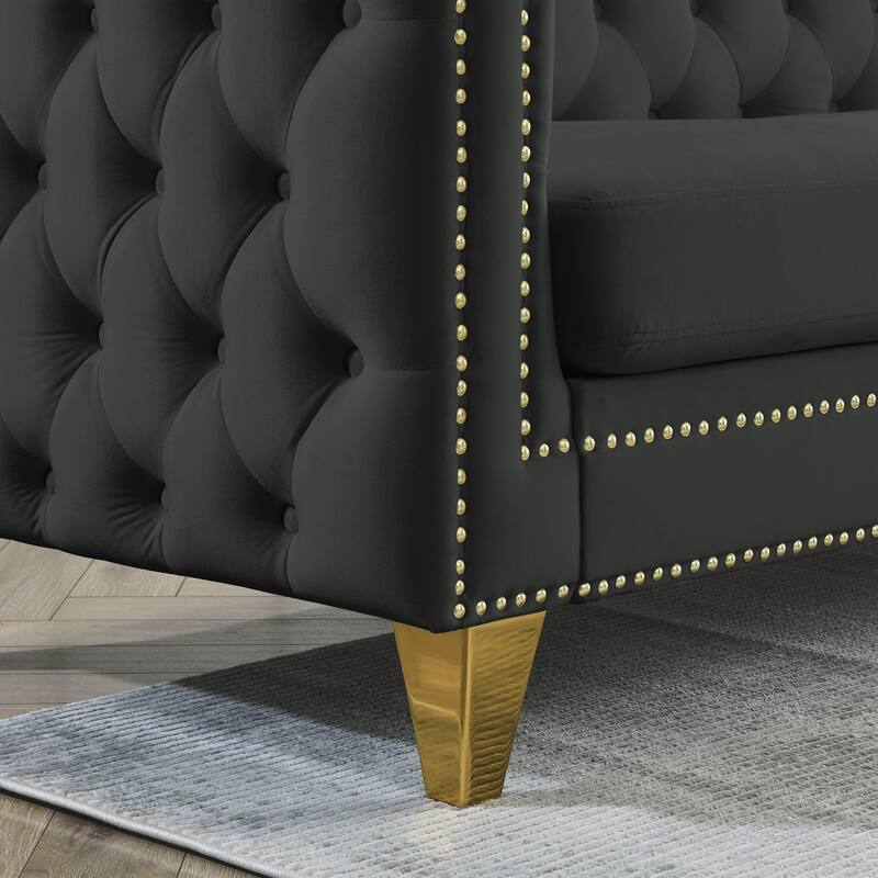 Modern 2-Seat Velvet Sofa with Nailhead Trim, Button Tufting, and Metal Legs