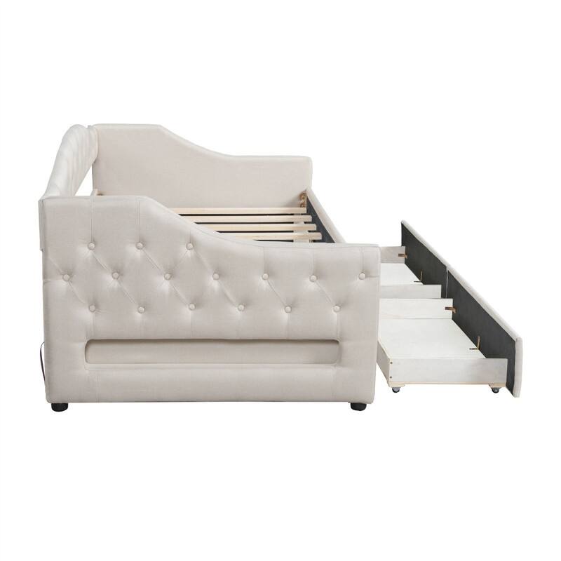 Twin XL Size Daybed with LED Belt and 2 Storage Drawers, Upholstered Daybed Frame Sofa Bed with Slats Support for Bedroom
