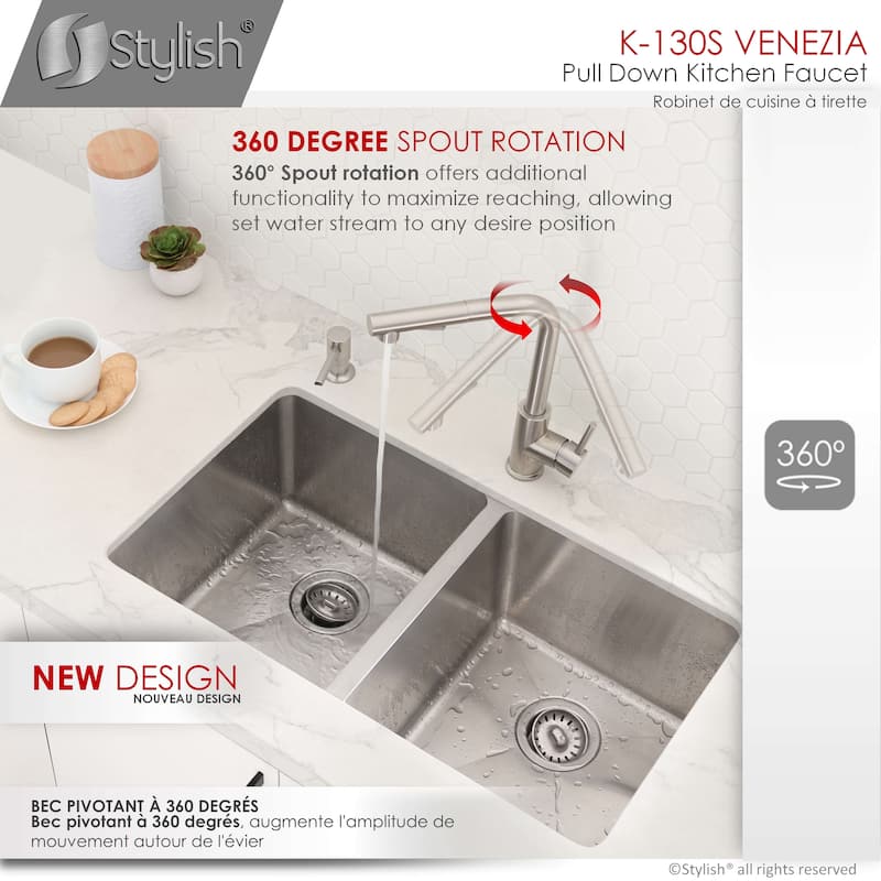 STYLISH Kitchen Sink Faucet Single Handle Pull Down Dual Mode in Stainless Steel - Faucet Height: 12 5/8" | Spout Height: 11"