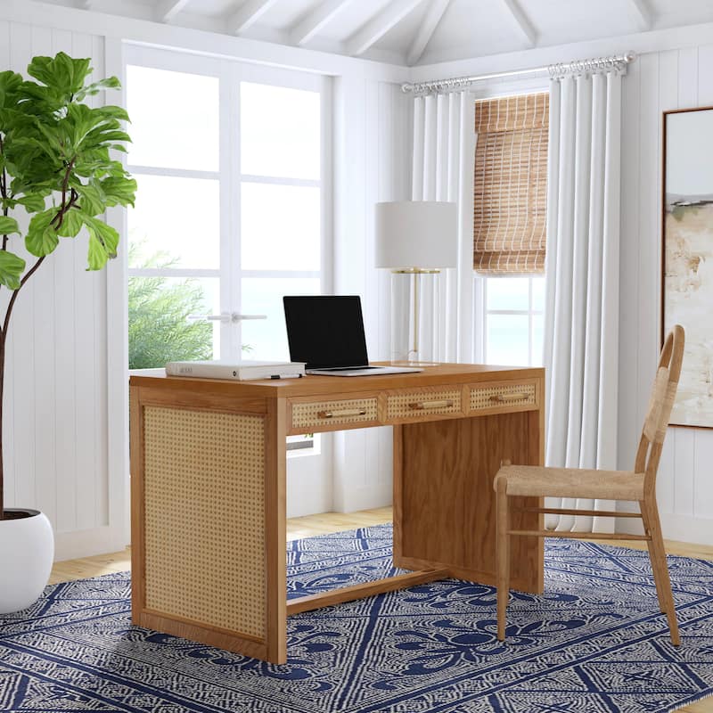 Mesa Cane and Solid Wood 3-Drawer Writing Desk
