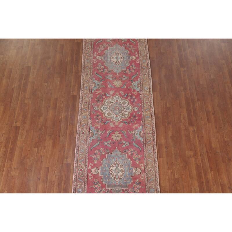 Hand Knotted Oriental 100% Wool Carpet Traditional Floral Pink Tabriz Runner Rug - 12' 9'' X 3' 3''