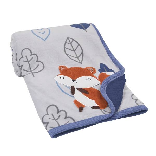slide 2 of 5, Lambs & Ivy Little Campers Blue/Gray Fox with Leaves Sherpa Baby Blanket