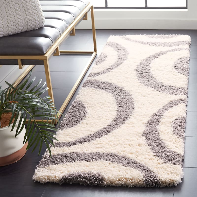 SAFAVIEH Portofino Shag Sunna Modern 2-inch Thick Rug - 2'3" x 7' Runner - Ivory/Grey