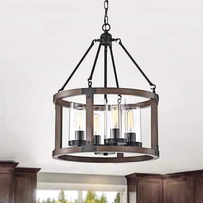 Daniela Pine Wood Drum Cage Glass Pendant with Antique Black Metal