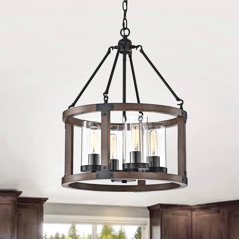 Daniela Pine Wood Drum Cage Glass Pendant with Antique Black Metal