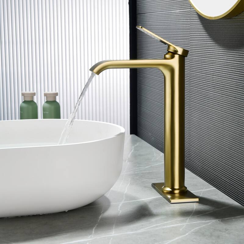 10.9"H Solid Brass Single-handle Bathroom Sink Faucet - Brushed Gold