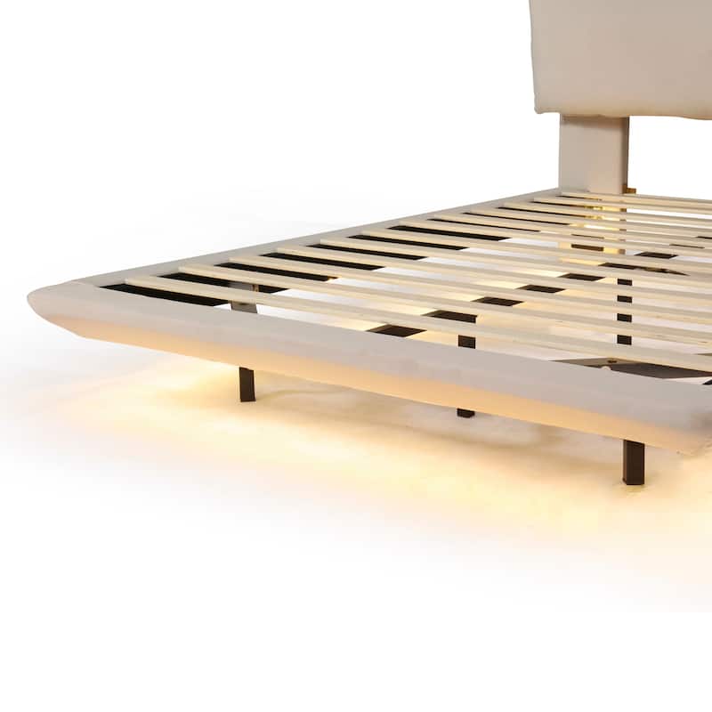 Queen Size Upholstered Platform Bed with Sensor Lights, USB Ports, and Floating Design, Stylish Bed with Large Backrests
