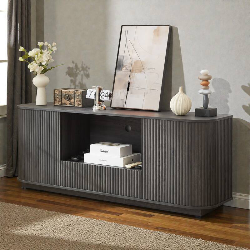 64'' Modern Wavy TV Stand with Rounded Corners, Wooden Stripe Storage Cabinet for Living Room, Bedroom or Entryway