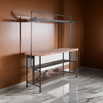 59 Inch Bar Table with Hanging Rack, Sand Black Metal, Natural Brown Wood