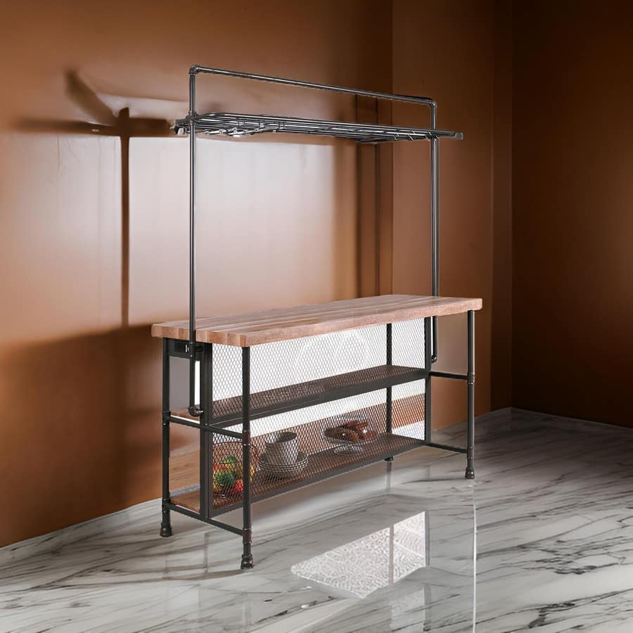 59 Inch Bar Table with Hanging Rack, Sand Black Metal, Natural Brown Wood