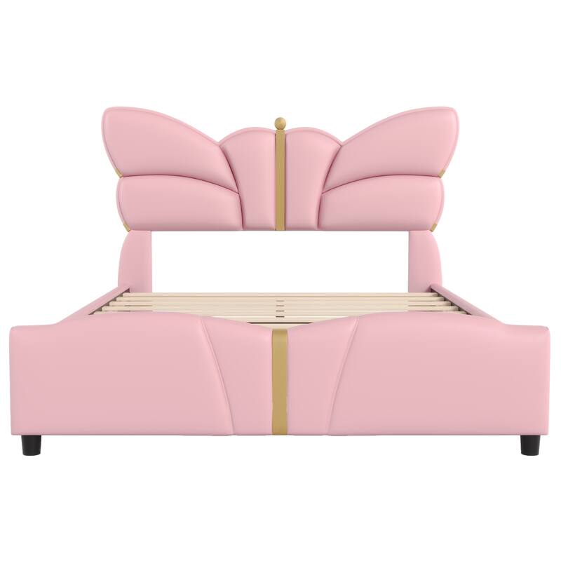Full Size Upholstered Bed Frame, with Butterfly Shaped Headboard and Footboard, Platform Bed Frame with Gold Metal decorations