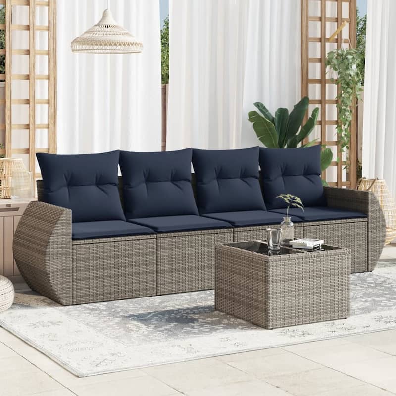 vidaXL Patio Sofa Set with Cushions Outdoor Conversation Furniture Poly Rattan - 21.7 x 24.4 x 27.2 - Beige and Grey-With table
