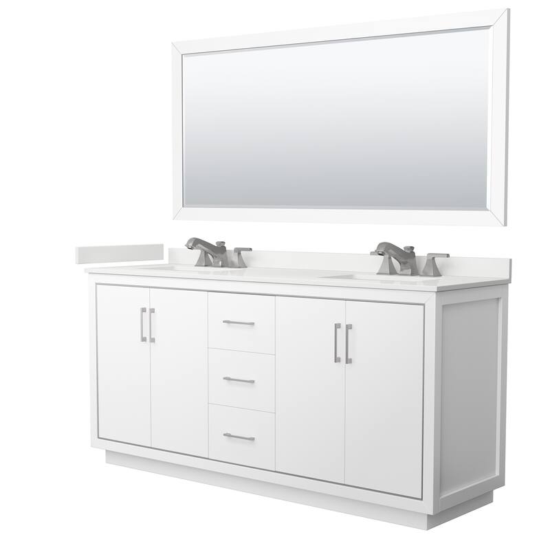 Icon 72-inch Double Vanity, Quartz Top, 70-inch Mirror - White, Nickel Trim, White Quartz Top