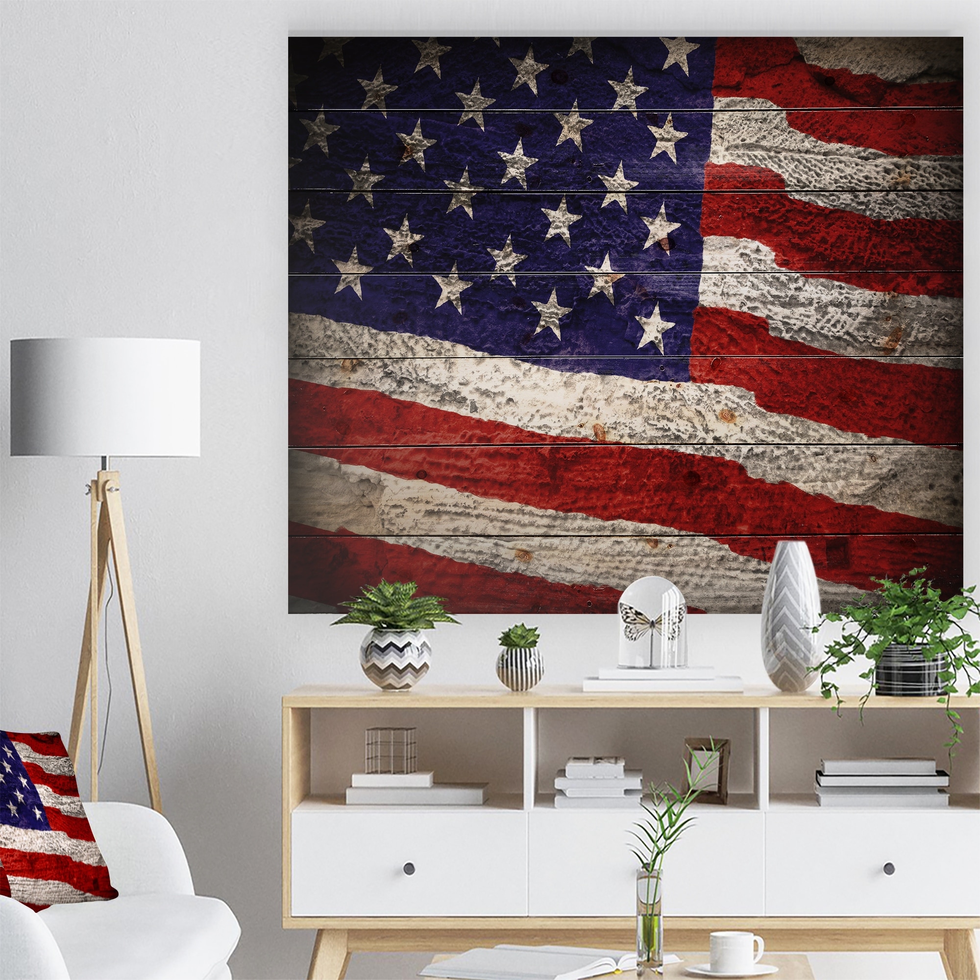 Shop Designart Large American Flag Watercolor Patriot Print On Natural Pine Wood Red Overstock 23107500