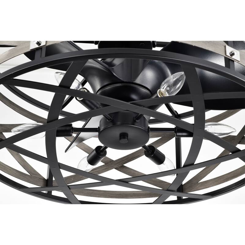 Adele 25-inch Matte Black and Faux Wood Grain 6 Lights 3 Blades Lighted Ceiling Fan with Remote