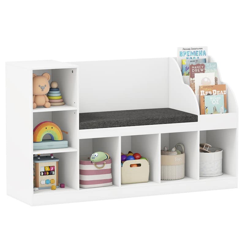 White-Grey 3-Level Kids Toy Organizer Bookshelf with Removable Cushion for Playrooms - 53.5" x 16" x 32"