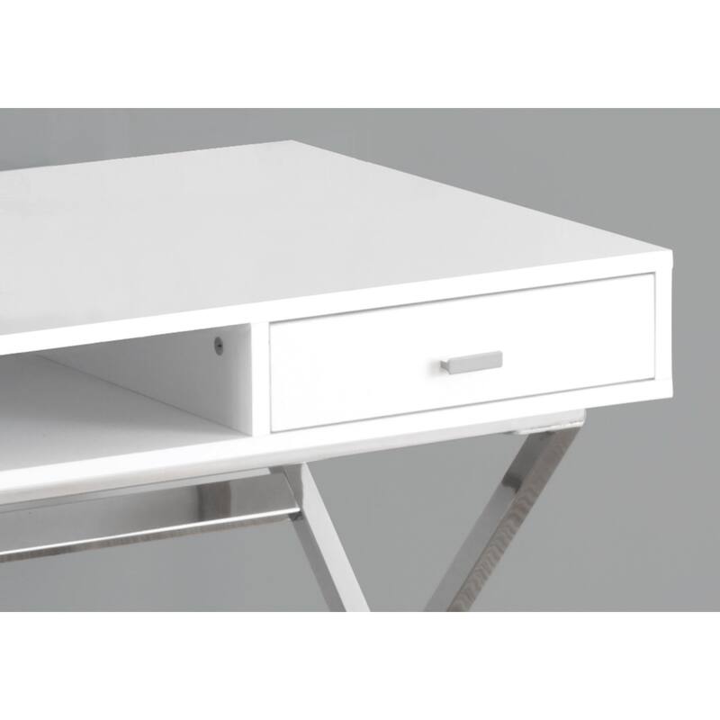White Wood Computer Desk with Silver Metal Base, 2 Drawers and Glossy Finish