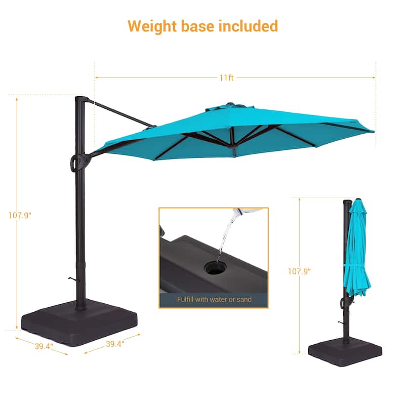 LIVOOSUN Outdoor Cantilever Offset Patio 11Ft Aluminum Umbrella w/Base