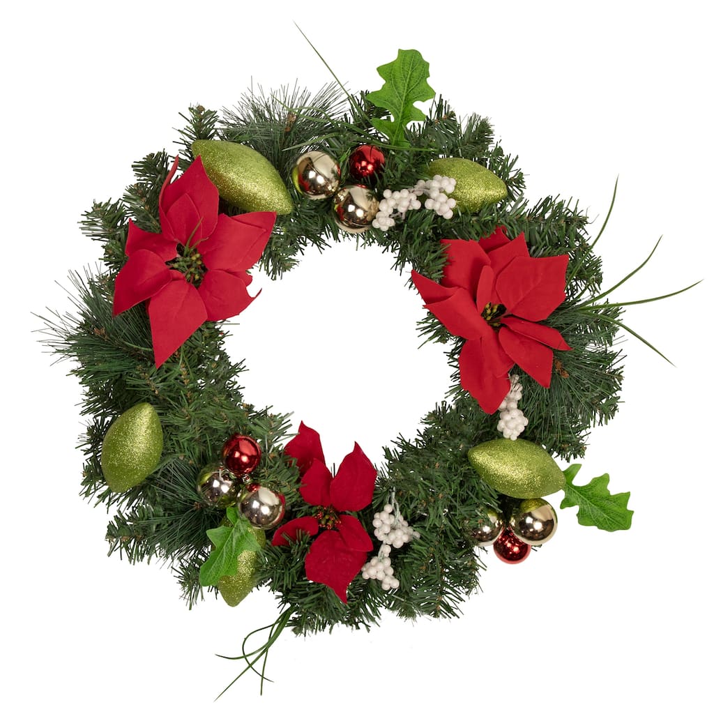 Decorated Red Green Poinsettia Pine Artificial Christmas Wreath 24"