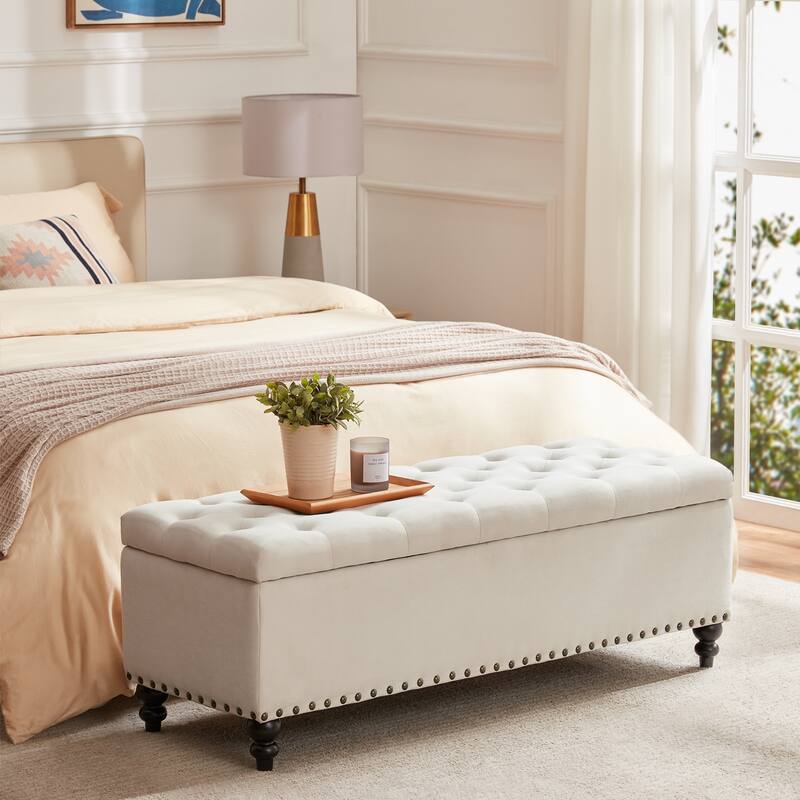 Button-Tufted Storage Bench for Bedroom 50.3"W x 17.5"D x 18"H Bottom rivets design