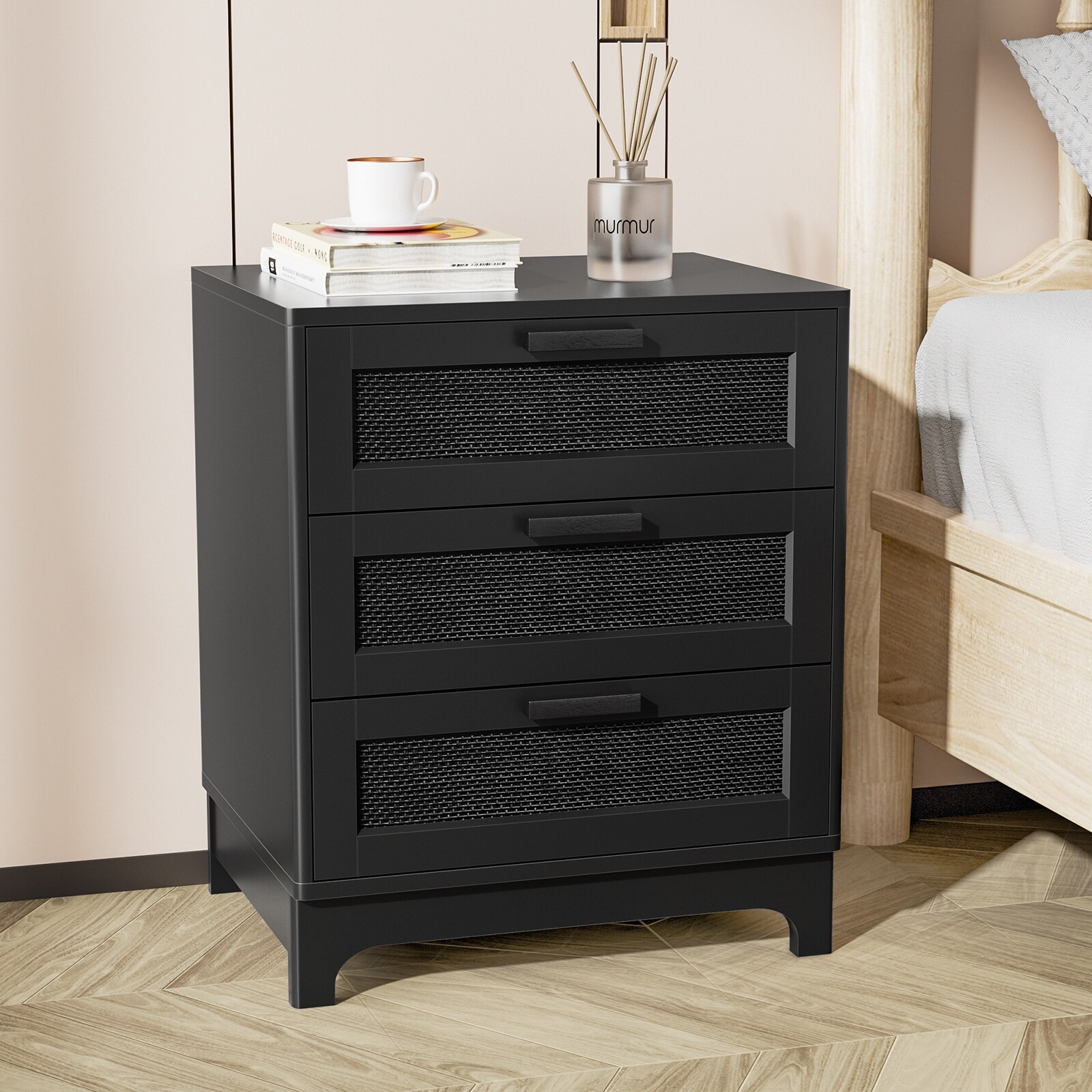 Anmytek Modern Black Wood Rattan Nightstand Bedside Table Side Table with 3 Drawers for Bedroom 3 Drawer