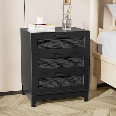 Anmytek Modern Black Wood Rattan Nightstand Bedside Table Side Table with 3 Drawers for Bedroom