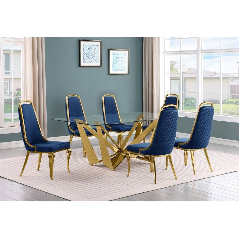 Best Quality Furniture D400/1-SC310-7 Dining Set with 78" 12mm Glass with Bevel - 7-Piece - Navy Blue / Gold