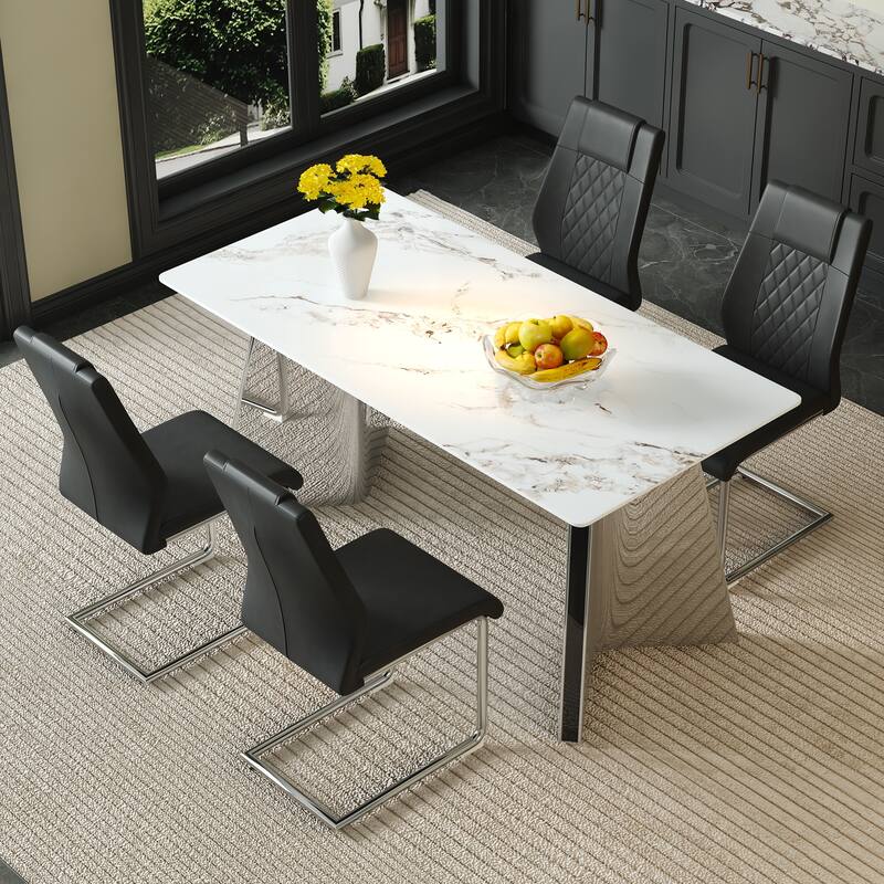 5-Piece Dining Table Set with Marble Pattern, Chair With Arched Metal Silver Leg, Adjustable Feet and Non-slip Pads Black