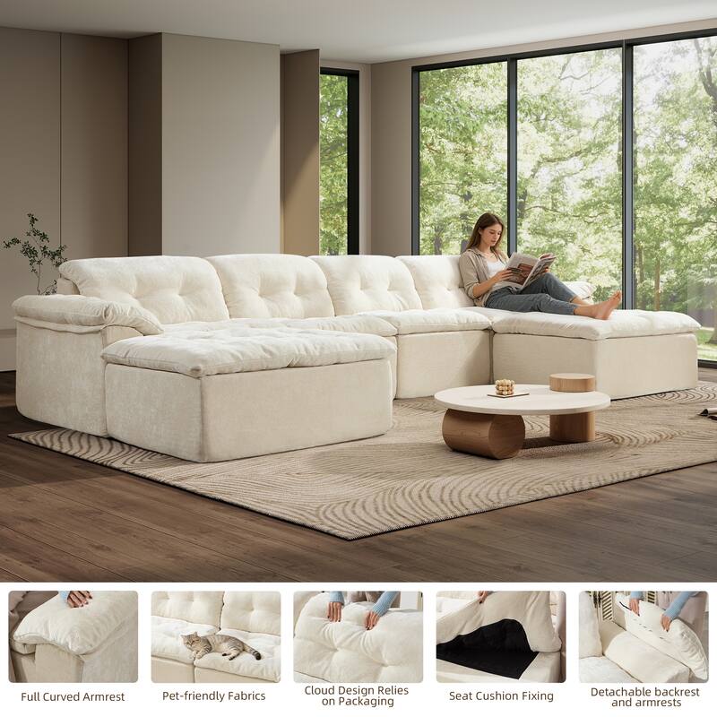 Rossetta 4-Seater Chenille Upholstery Modular Convertible Design Generous Seating Cushioned Sofa with 2 Versatile Ottomans