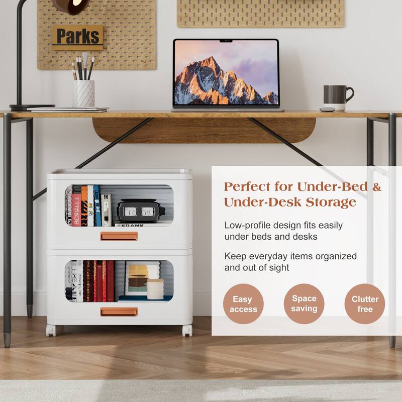 VECELO White Rolling Storage Cabinet with Transparent Doors 1/2/3-Tier Plastic Storage Bins with Wheels for Bedroom Living Room