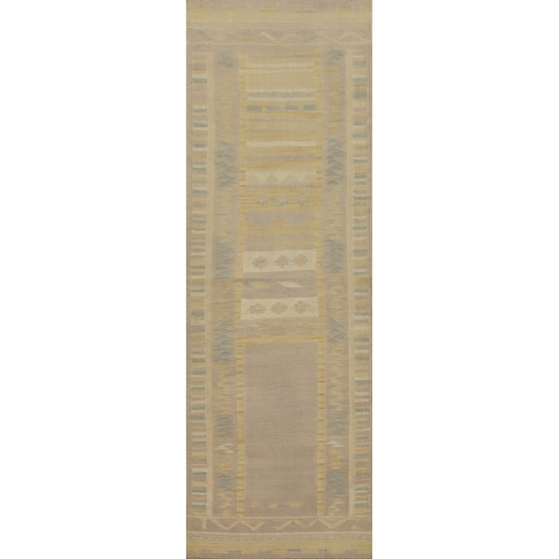 Hand Woven Oriental 100% Wool Carpet Southwestern Tribal Yellow & Gold Kilim Runner Rug - 7' 9'' X 2' 2''