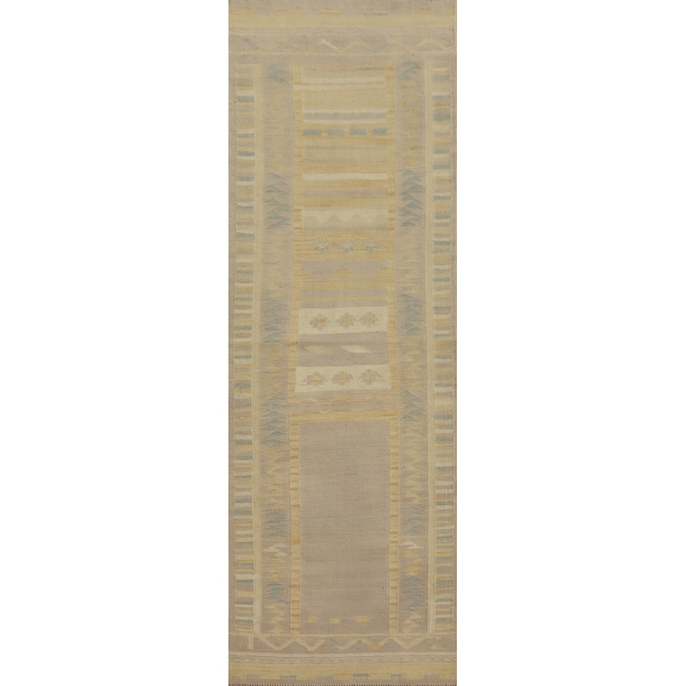 Hand Woven Oriental 100% Wool Carpet Southwestern Tribal Yellow & Gold Kilim Runner Rug - 7' 9'' X 2' 2''