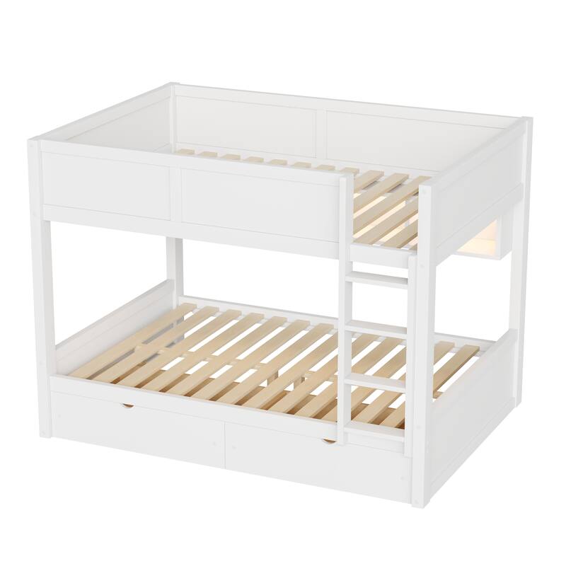 Roomfitters Full XL Over Full XL Bunk Bed with Storage Cabinets, LED Light and Drawers