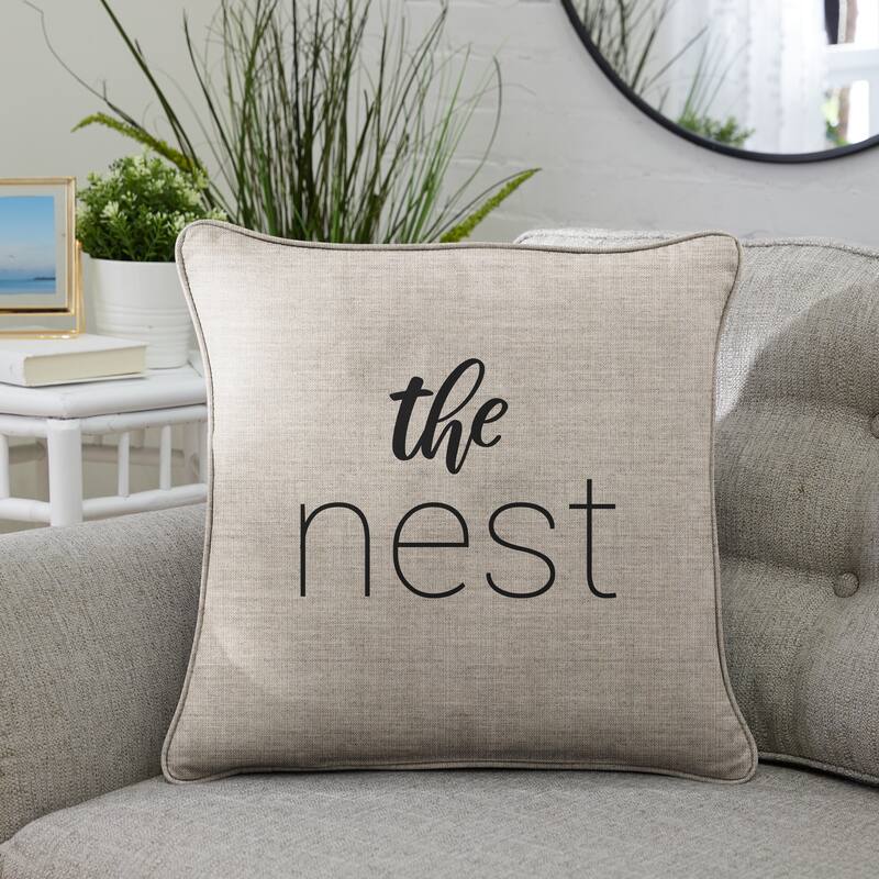 Sunbrella Indoor/Outdoor Single Embroidered Pillow - "The Nest" - 18 in L x 18 in W - Cast Silver with Black Words