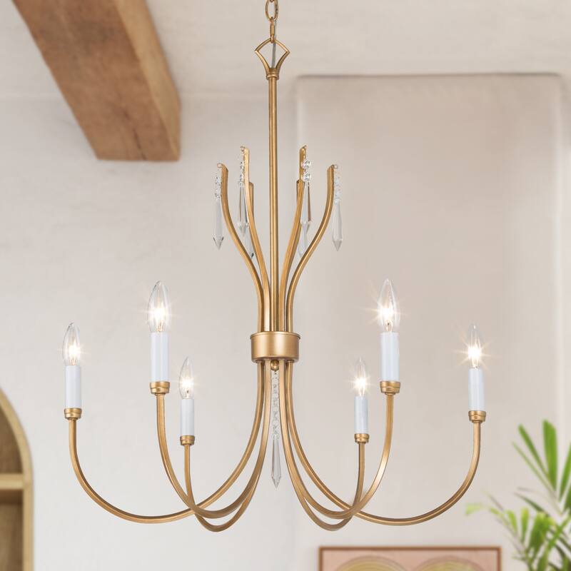 Modern Farmhouse 6-Light Chandelier Crystal Drop Candle Light for Dining Living Room - Dia. 24" x H 21"