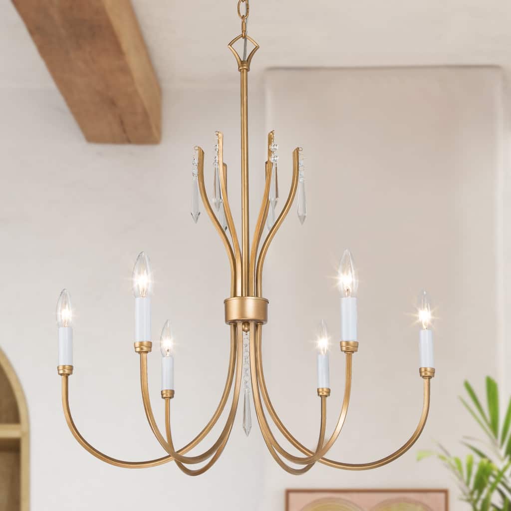 Modern Farmhouse 6-Light Chandelier Crystal Drop Candle Light for Dining Living Room - Dia. 24" x H 21"