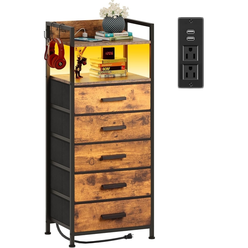 5-Drawer Nightstand with Charging Station, LED Lights, and Open Shelf, Rustic Brown Dresser for Bedroom or Living Room