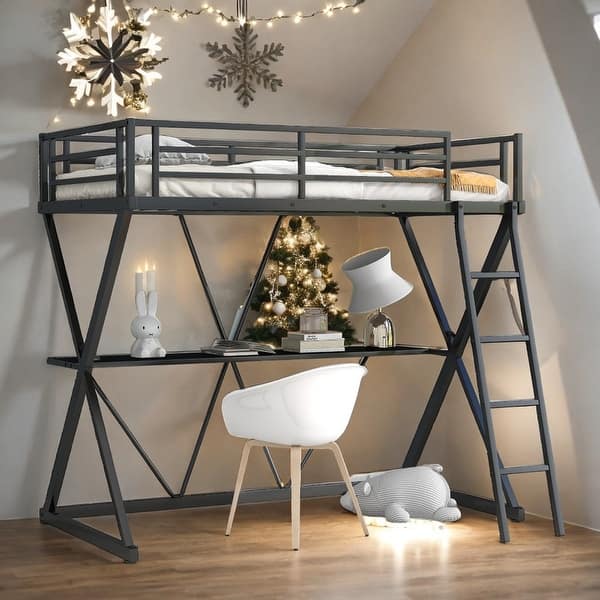 slide 2 of 12, Twin Size Loft Bed with Desk, Ladder and Full-Length Guardrails, Black Black