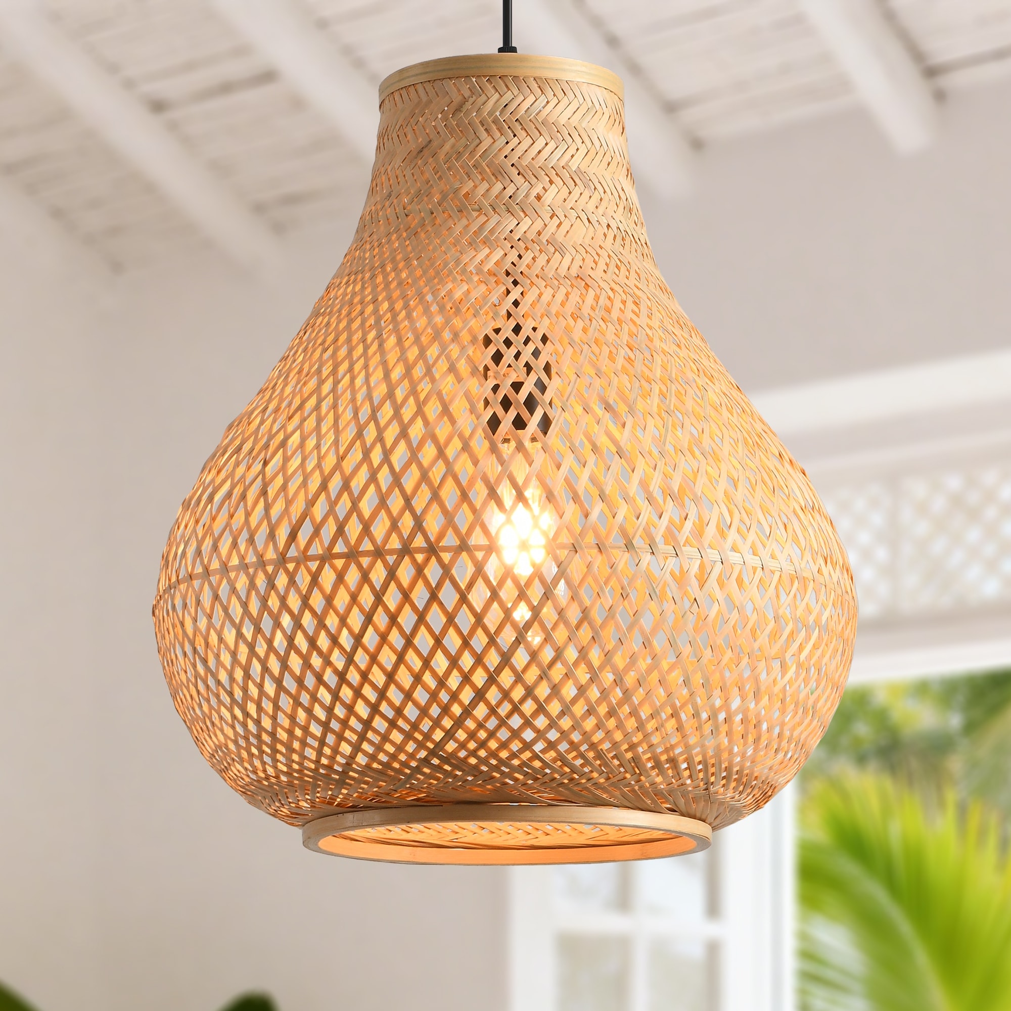 15" Natural Farmhouse Vase Shape Handwoven Rattan Caged Pendant Light - 14.96" D x 14.96" W x 62.99 " H