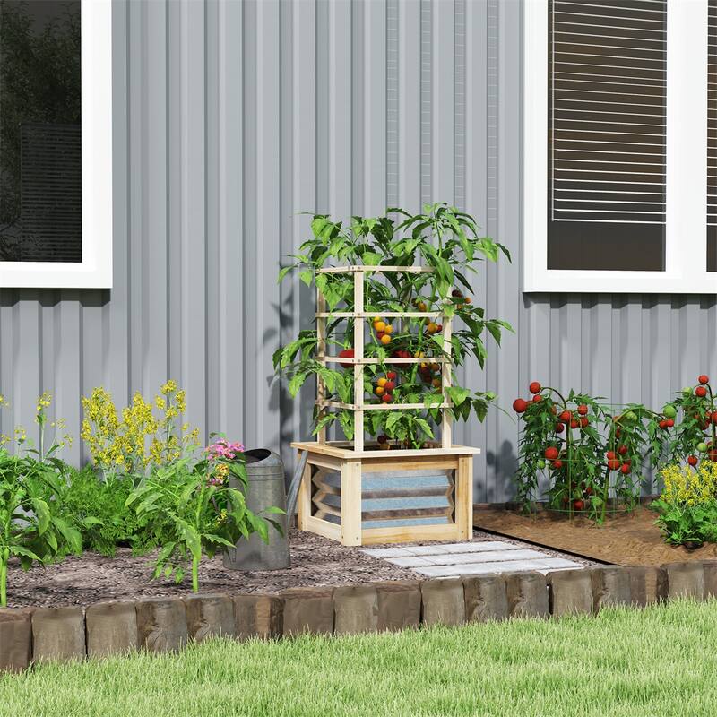 Raised Garden Bed with Fir Wood Frame and Galvanized Steel Panels - 17.7" W x 17.7" D x 35.4"H - Natural 
