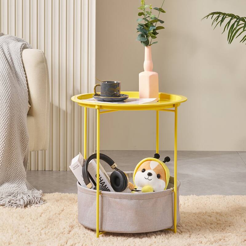 VECELO Small Round Side Table with Removable Tray & Fabric Storage Bin Easy 5-Min Assembly for Living Room Bedroom - Yellow