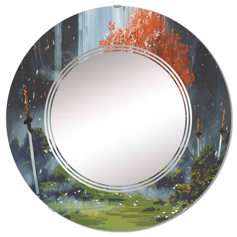 Designart 'Samurai Standing In Waterfall Garden With Swords' Printed Traditional Wall Mirror