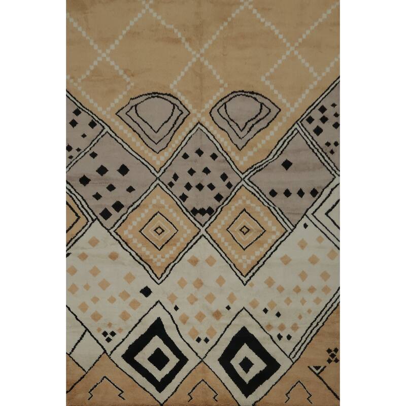 Hand Knotted Oriental 100% Wool Carpet Modern Geometric Yellow & Gold Moroccan Area Rug - 12' 1'' X 9' 1''