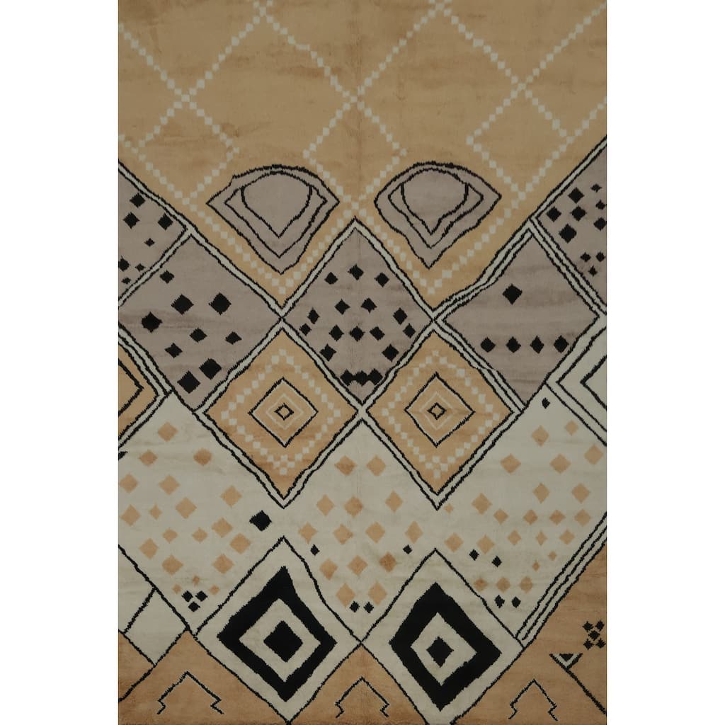 Hand Knotted Oriental 100% Wool Carpet Modern Geometric Yellow & Gold Moroccan Area Rug - 12' 1'' X 9' 1''