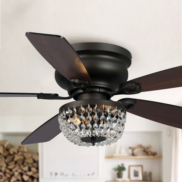 slide 2 of 10, 48" Bronze Wooden 5-Blade Crystal Flush Mount Ceiling Fan with Remote