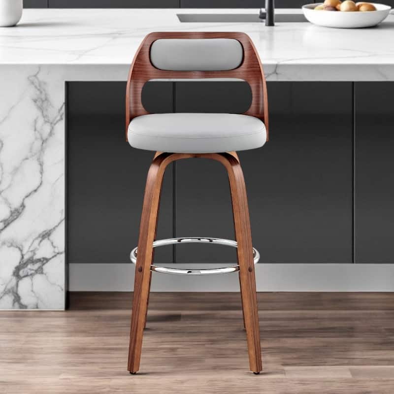 26" Gray And Black Faux Leather And Iron Swivel Counter Height Bar Chair