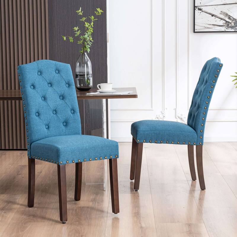 Fabric Upholstered Tufted High Back Dining Chairs with Nailhead Trim - Set of 2 - Blue